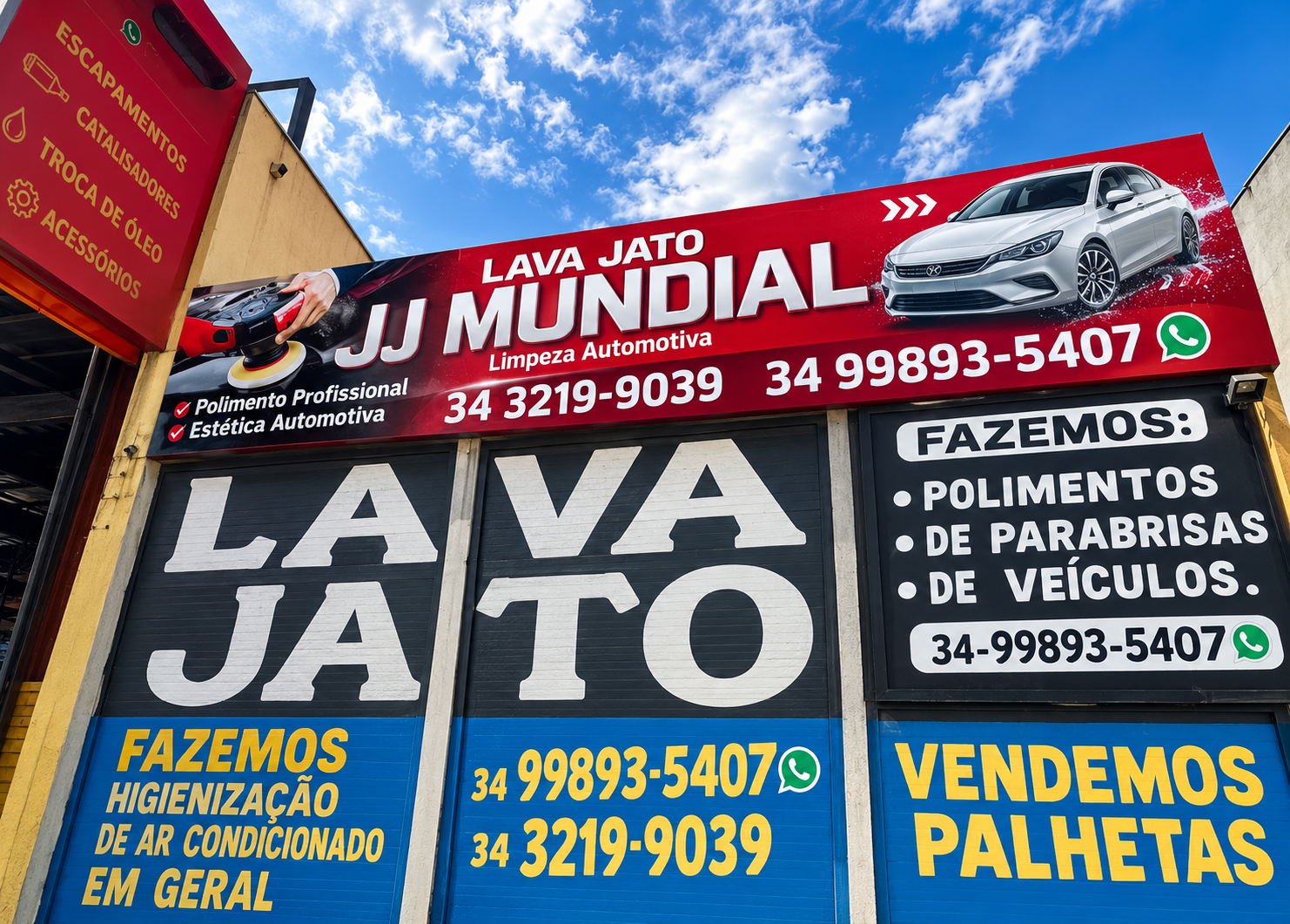 Fachada da Lava Jato JJ Mundial em Uberlândia - MG, com letreiro e serviços de estética automotiva
