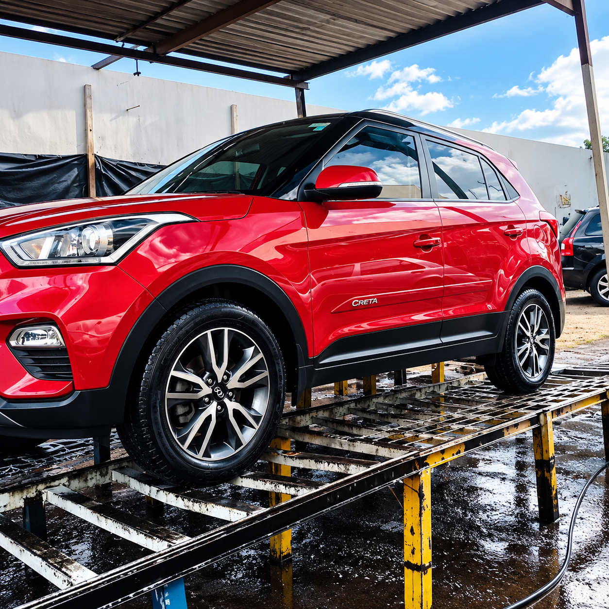 Hyundai Creta vermelho em elevador durante lavagem detalhada na JJ Mundial
